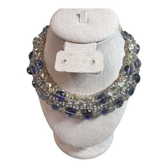 Crystal Glass Statement Necklace Bib Choker Purple Rhinestone 925 Sterling VTG - Picture 2 of 7